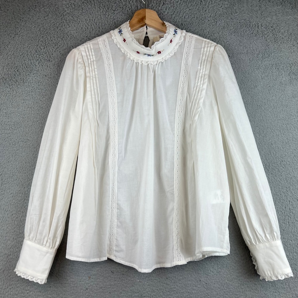 Simple Retro White Cotton Embroidered Lace Victorian Blouse Top size M